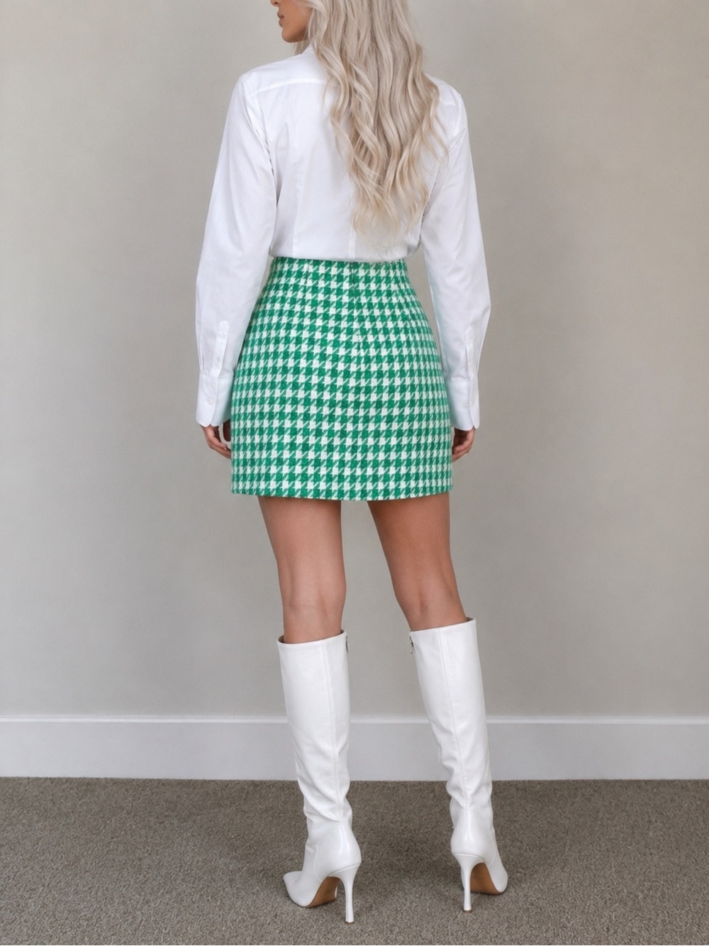 Karl Lagerfeld Paris Green & White Houndstooth Skirt Silver Crest Buttons Size 8 - Picture 2 of 11